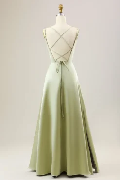 Dusty Sage Uma Linha Esparguete Alças Longo Cetim Vestido Madrinha