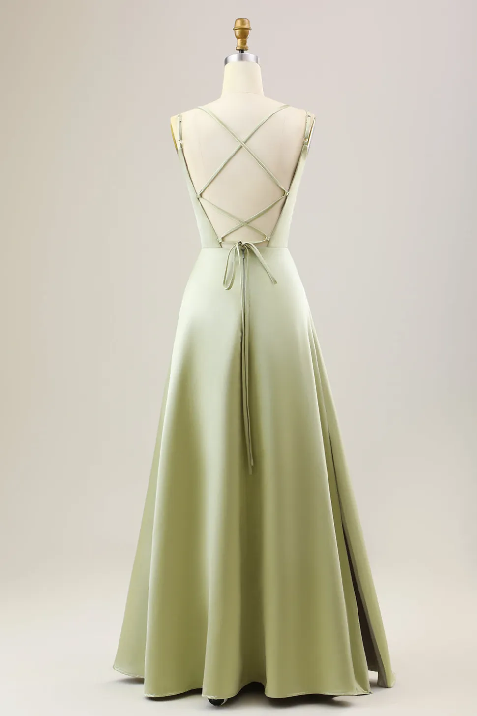 Dusty Sage Uma Linha Esparguete Alças Longo Cetim Vestido Madrinha