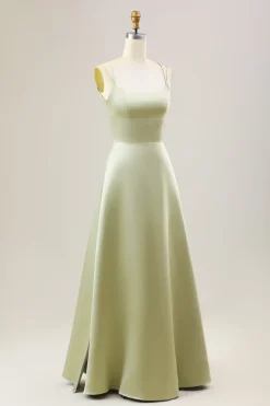 Dusty Sage Uma Linha Esparguete Alças Longo Cetim Vestido Madrinha