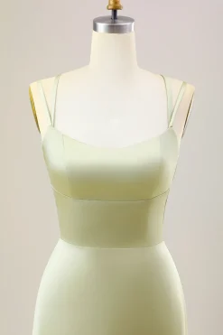 Dusty Sage Uma Linha Esparguete Alças Longo Cetim Vestido Madrinha