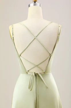 Dusty Sage Uma Linha Esparguete Alças Longo Cetim Vestido Madrinha