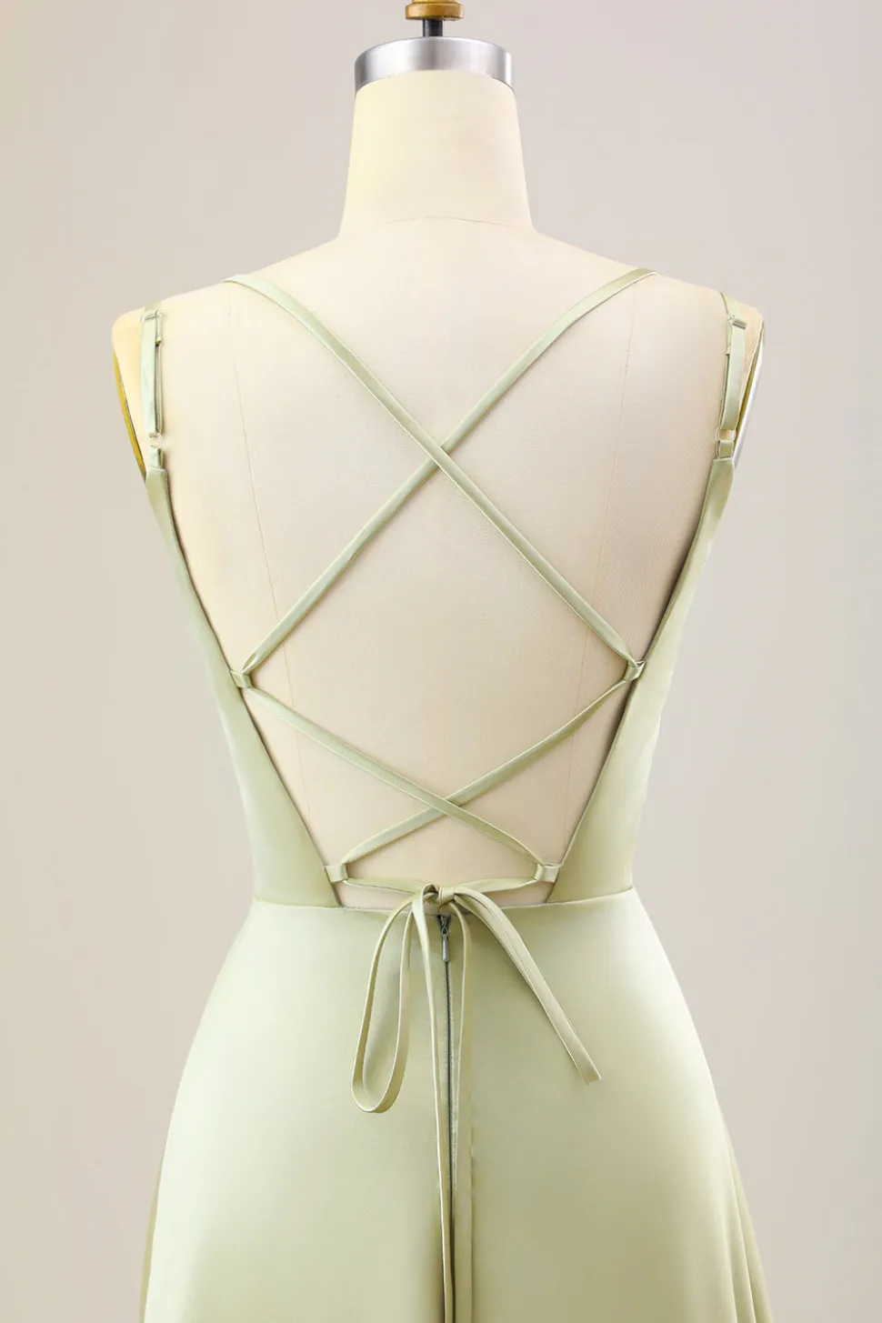 Dusty Sage Uma Linha Esparguete Alças Longo Cetim Vestido Madrinha