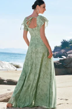 Dusty Sage Uma linha estampada vestido floral longo dama de honra com fenda