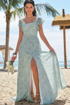 Dusty Sage Uma linha estampada vestido floral longo dama de honra com fenda