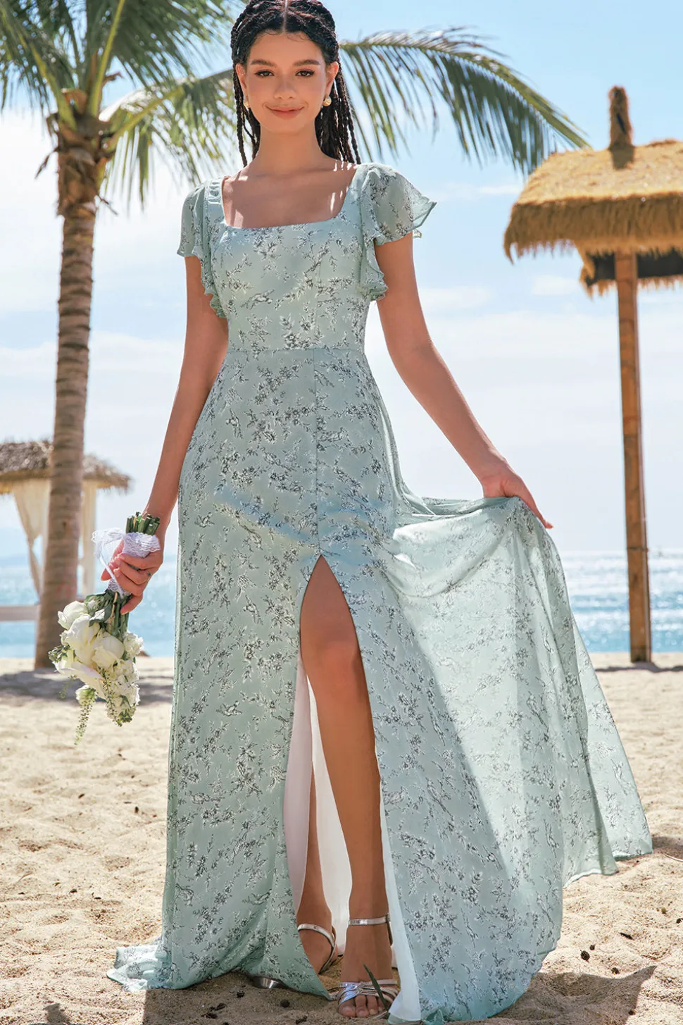 Dusty Sage Uma linha estampada vestido floral longo dama de honra com fenda