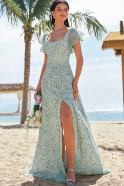 Dusty Sage Uma linha estampada vestido floral longo dama de honra com fenda