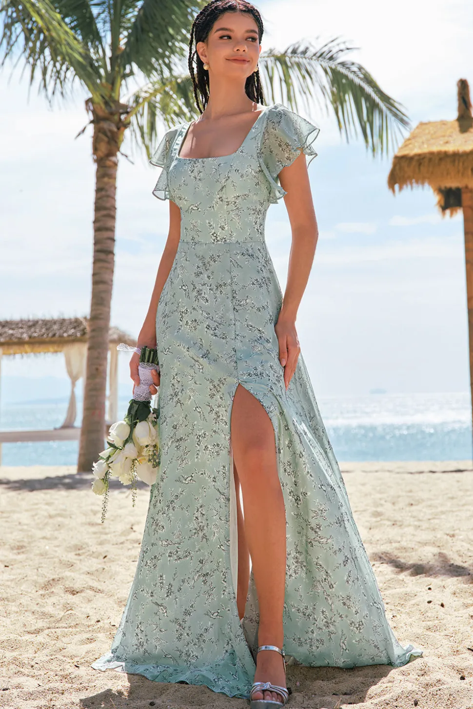 Dusty Sage Uma linha estampada vestido floral longo dama de honra com fenda
