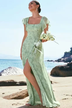 Dusty Sage Uma linha estampada vestido floral longo dama de honra com fenda