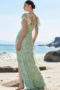 Dusty Sage Uma linha estampada vestido floral longo dama de honra com fenda