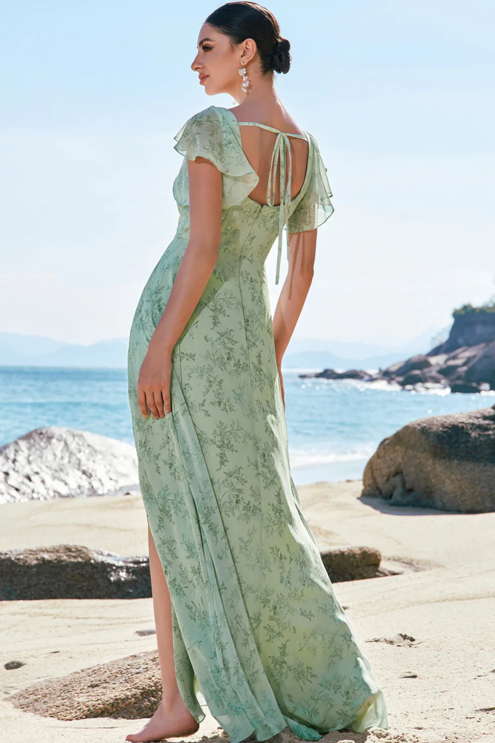 Dusty Sage Uma linha estampada vestido floral longo dama de honra com fenda