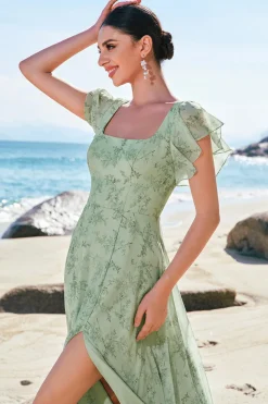 Dusty Sage Uma linha estampada vestido floral longo dama de honra com fenda