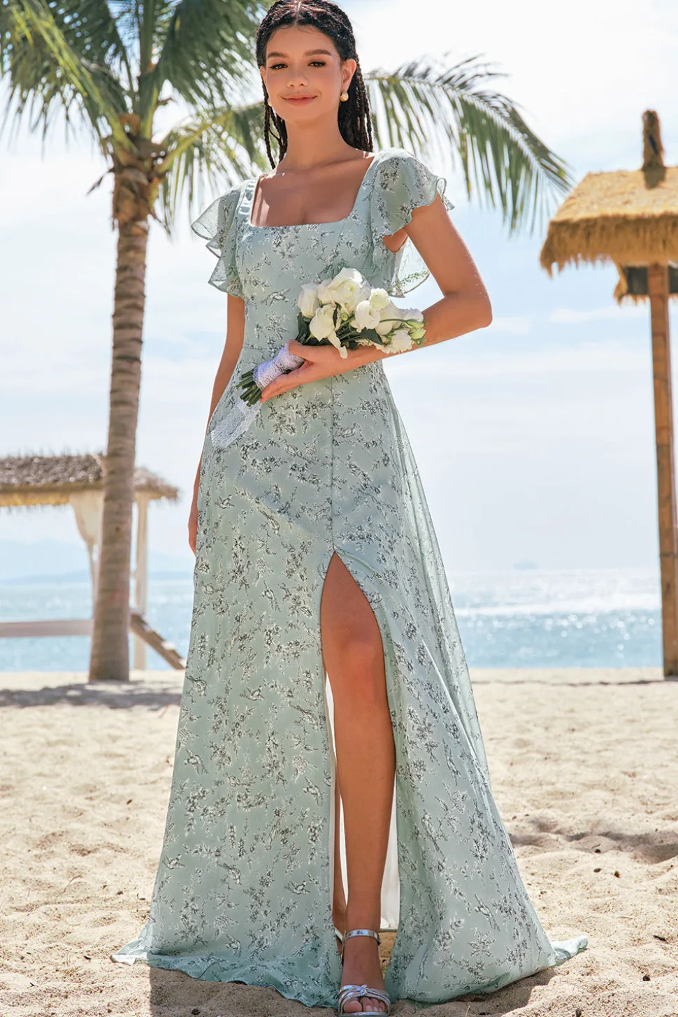 Dusty Sage Uma linha estampada vestido floral longo dama de honra com fenda