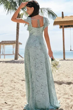 Dusty Sage Uma linha estampada vestido floral longo dama de honra com fenda