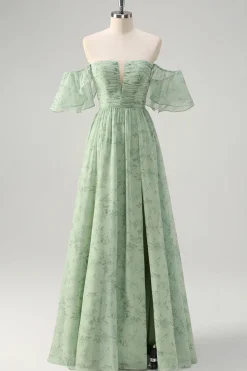 Dusty Sage Uma linha fora do ombro estampado vestido longo baile de formatura com fenda