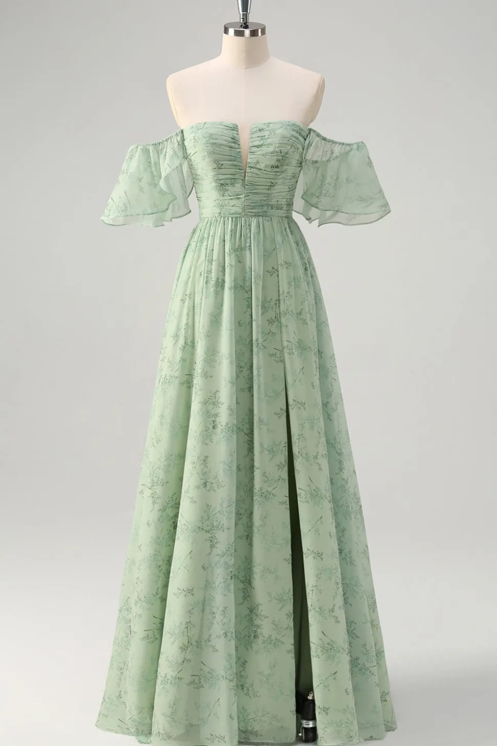 Dusty Sage Uma linha fora do ombro estampado vestido longo baile de formatura com fenda
