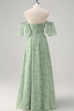 Dusty Sage Uma linha fora do ombro estampado vestido longo baile de formatura com fenda