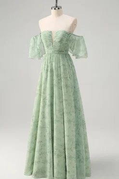 Dusty Sage Uma linha fora do ombro estampado vestido longo baile de formatura com fenda