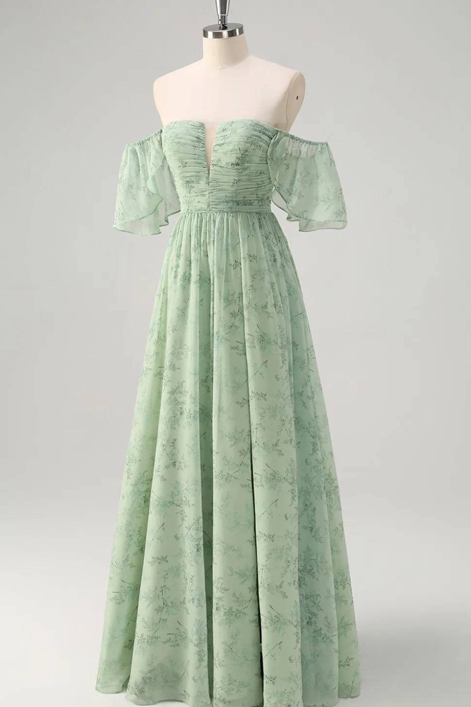 Dusty Sage Uma linha fora do ombro estampado vestido longo baile de formatura com fenda