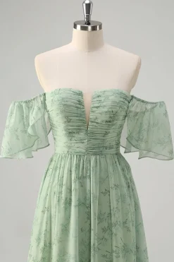 Dusty Sage Uma linha fora do ombro estampado vestido longo baile de formatura com fenda