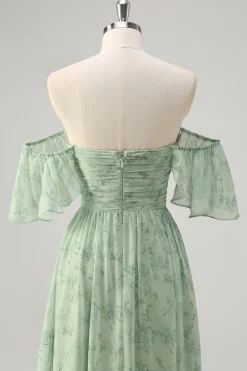 Dusty Sage Uma linha fora do ombro estampado vestido longo baile de formatura com fenda