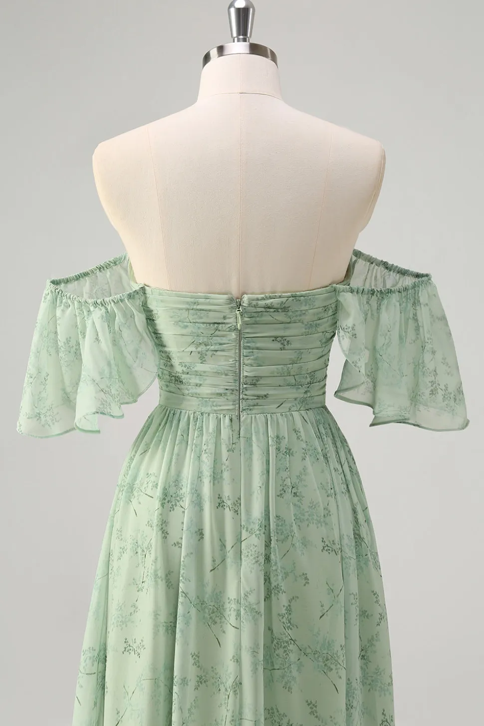 Dusty Sage Uma linha fora do ombro estampado vestido longo baile de formatura com fenda