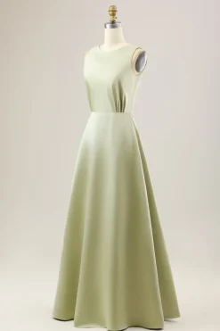 Dusty Sage Uma Linha Long Satin Vestido Madrinha