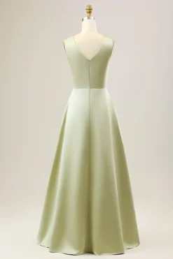 Dusty Sage Uma Linha Long Satin Vestido Madrinha