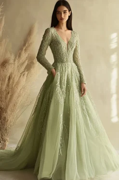 Dusty Sage Uma Linha Manga Longa V-Neck Tulle Prom Dress
