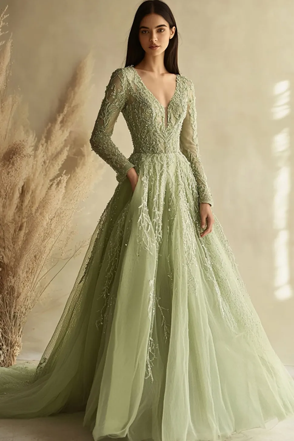 Dusty Sage Uma Linha Manga Longa V-Neck Tulle Prom Dress