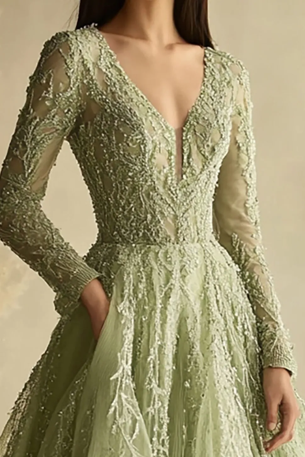 Dusty Sage Uma Linha Manga Longa V-Neck Tulle Prom Dress