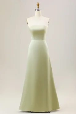 Dusty Sage Uma linha Strapless cetim longo vestido de dama de honra
