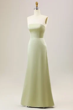 Dusty Sage Uma linha Strapless cetim longo vestido de dama de honra