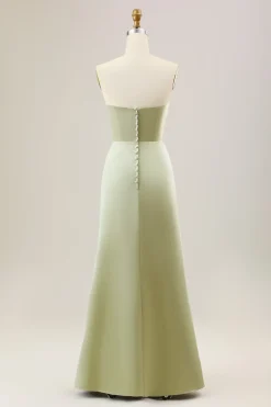 Dusty Sage Uma linha Strapless cetim longo vestido de dama de honra