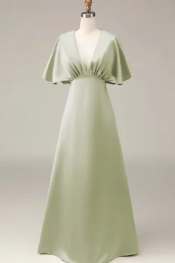 Dusty Sage V-neck mangas curtas A-line cetim vestido de dama de honra