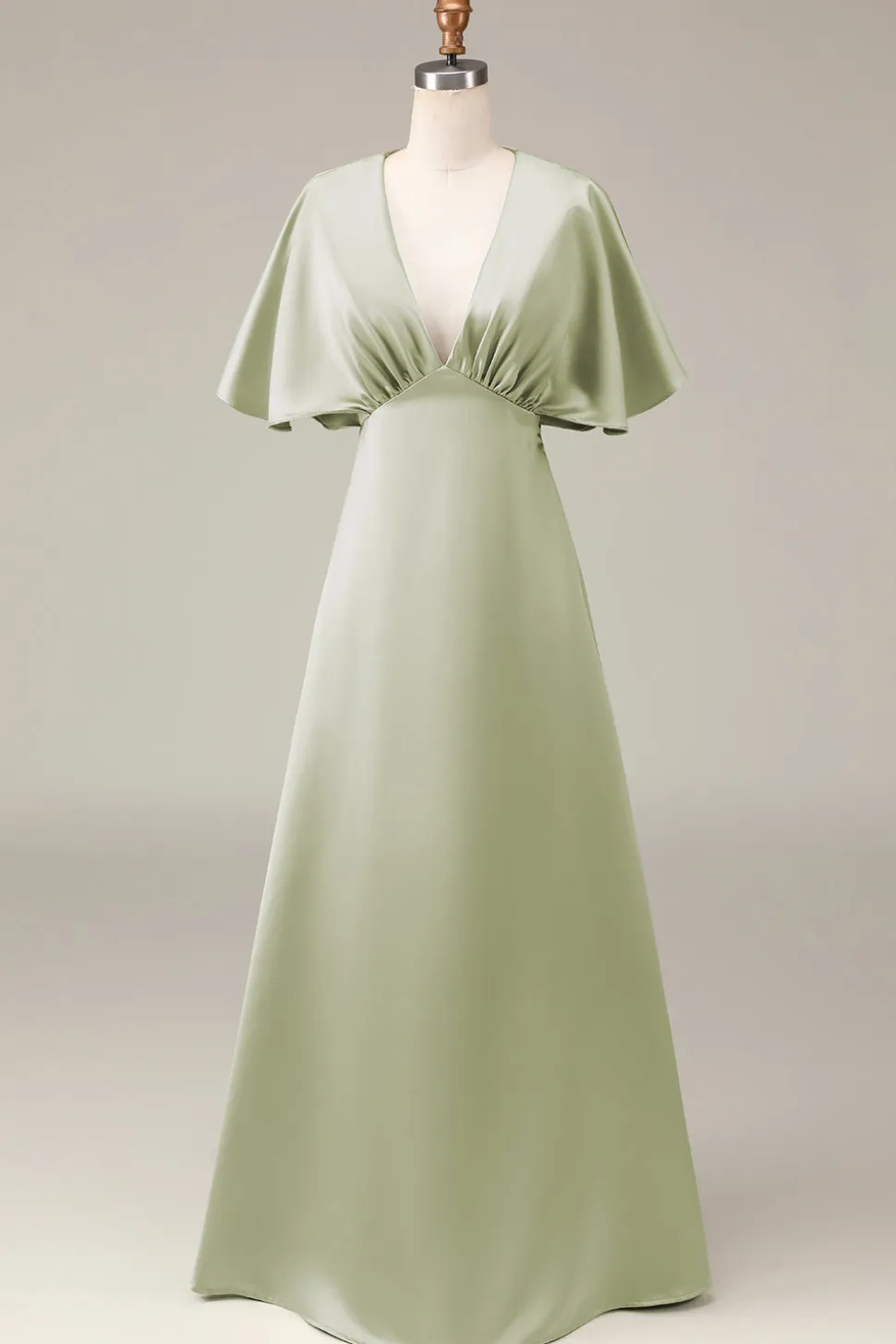 Dusty Sage V-neck mangas curtas A-line cetim vestido de dama de honra
