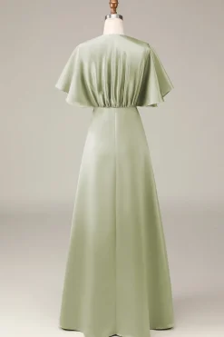 Dusty Sage V-neck mangas curtas A-line cetim vestido de dama de honra