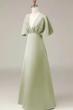 Dusty Sage V-neck mangas curtas A-line cetim vestido de dama de honra