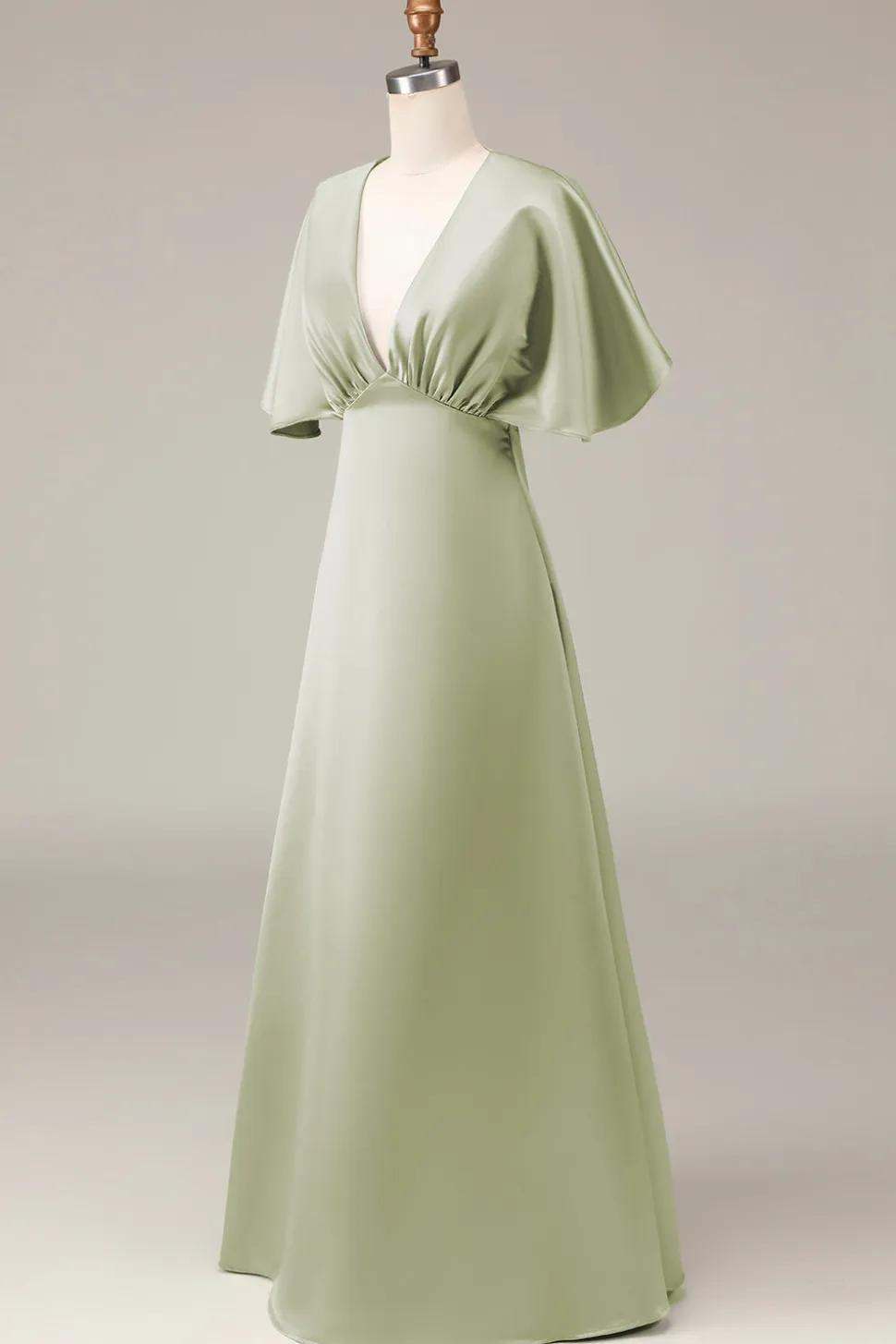 Dusty Sage V-neck mangas curtas A-line cetim vestido de dama de honra