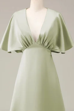 Dusty Sage V-neck mangas curtas A-line cetim vestido de dama de honra
