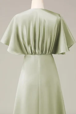 Dusty Sage V-neck mangas curtas A-line cetim vestido de dama de honra