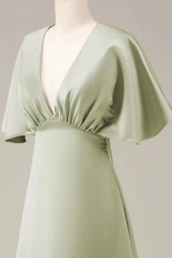 Dusty Sage V-neck mangas curtas A-line cetim vestido de dama de honra