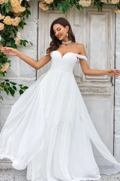 Elegante A Line Fora do Ombro Marfim Vestido de Noiva