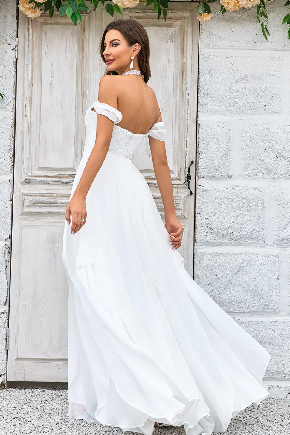 Elegante A Line Fora do Ombro Marfim Vestido de Noiva