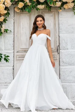 Elegante A Line Fora do Ombro Marfim Vestido de Noiva