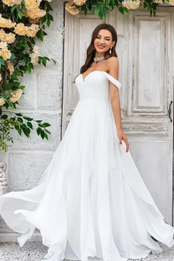 Elegante A Line Fora do Ombro Marfim Vestido de Noiva