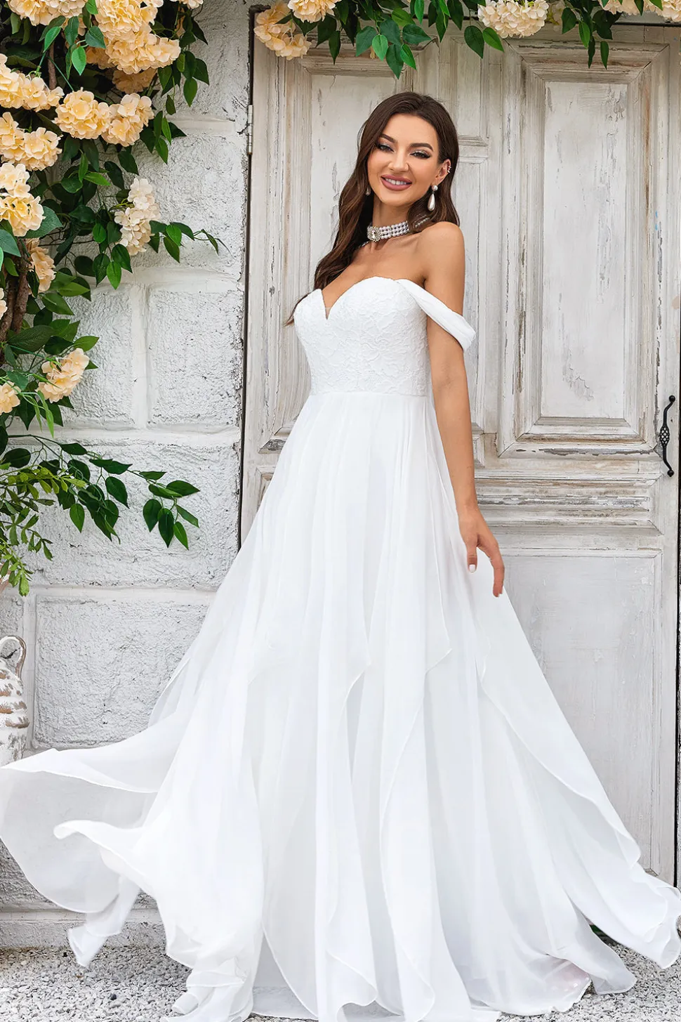 Elegante A Line Fora do Ombro Marfim Vestido de Noiva