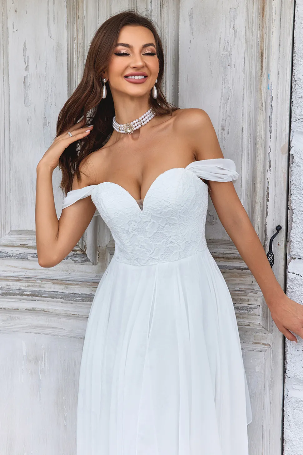 Elegante A Line Fora do Ombro Marfim Vestido de Noiva