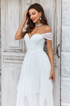 Elegante A Line Fora do Ombro Marfim Vestido de Noiva