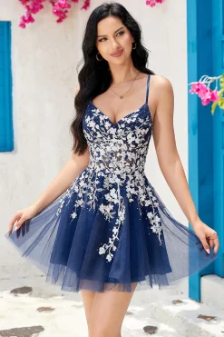 Elegante A Line Navy Spaghetti Straps Homecoming Dress Com Criss Cross Back