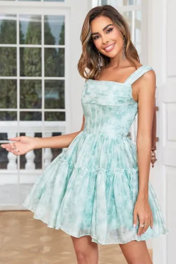 Elegante A Line Sage Printed Short Homecoming Dress
